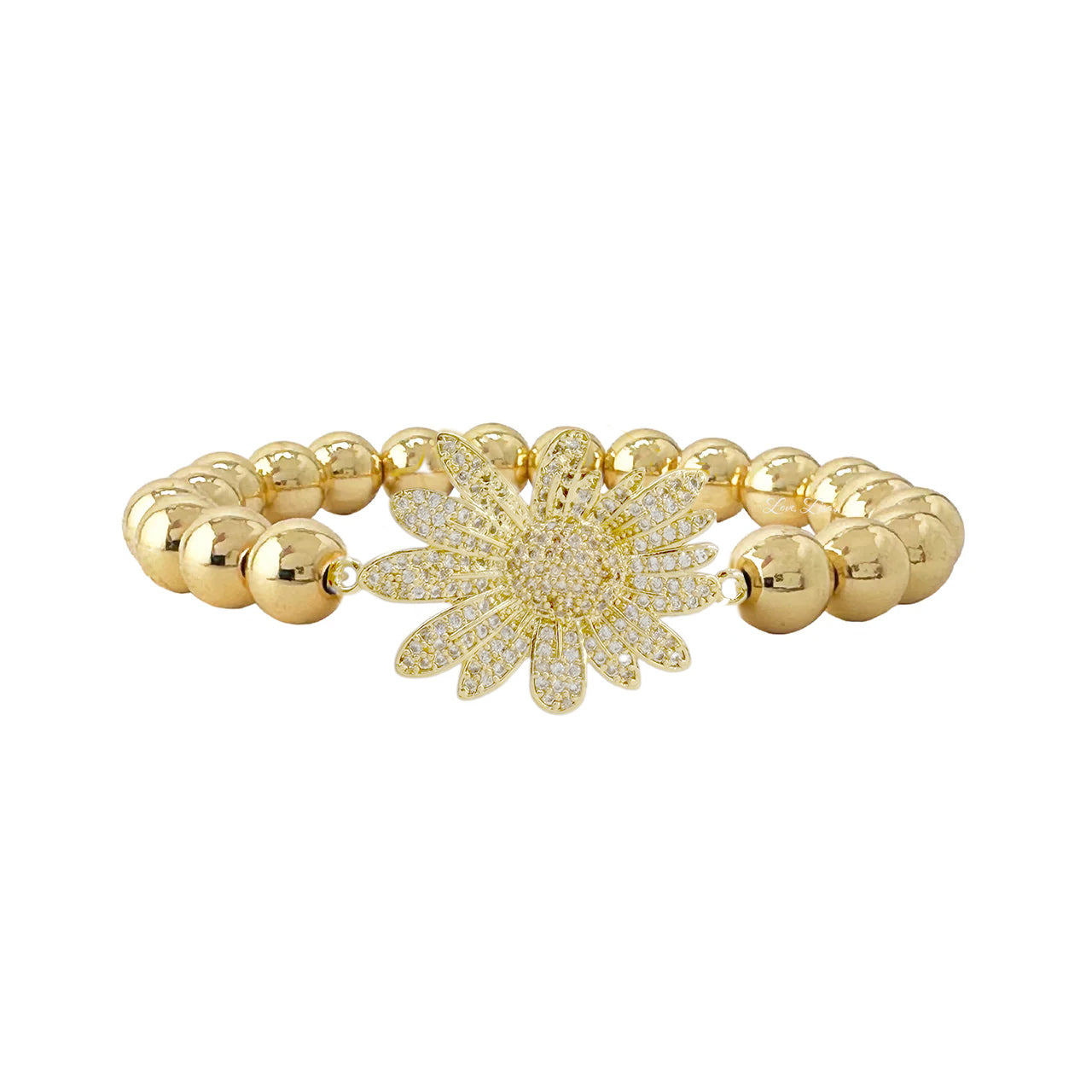Sunflower beaded stretch bracelet gold with polished metal beads and pave sunflower centerpiece

