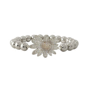 Sunflower beaded stretch bracelet silver with polished metal beads and pave sunflower centerpiece