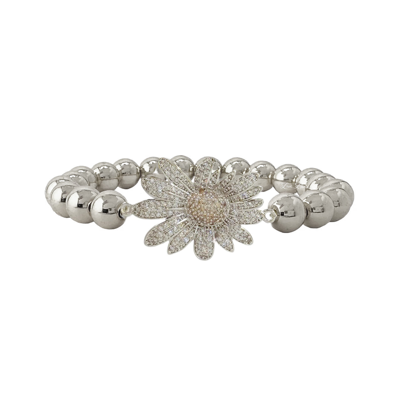 Sunflower beaded stretch bracelet silver with polished metal beads and pave sunflower centerpiece