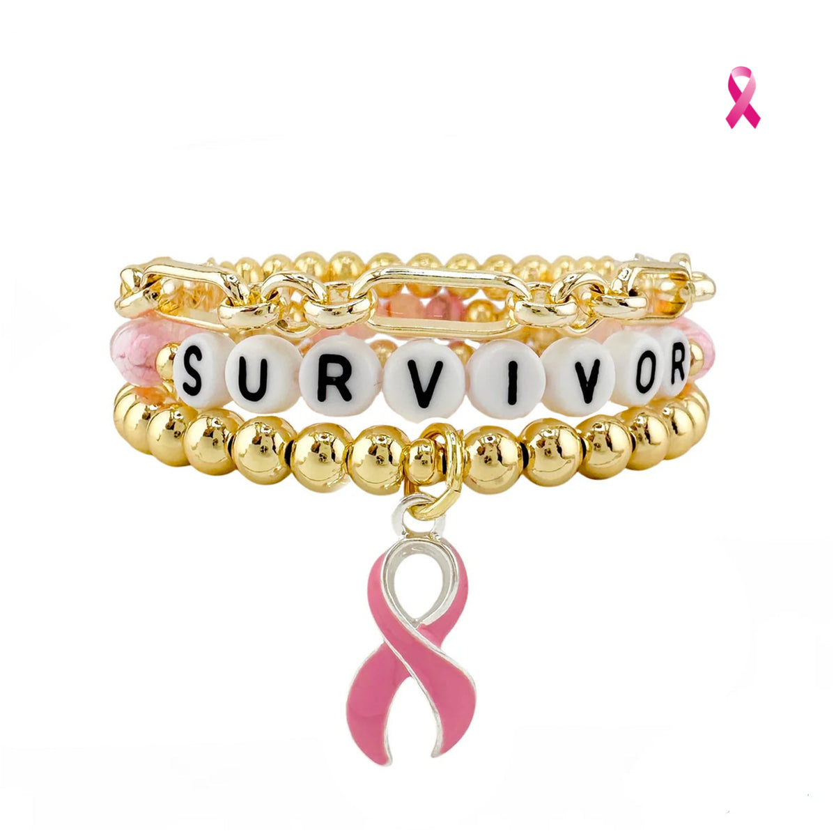 Love Lisa Survivor Breast Cancer Awareness Bracelet Stack in gold with SURVIVOR bead detail, paperclip chain, polished beads, pink enamel ribbon charm, and Pink Aid logo