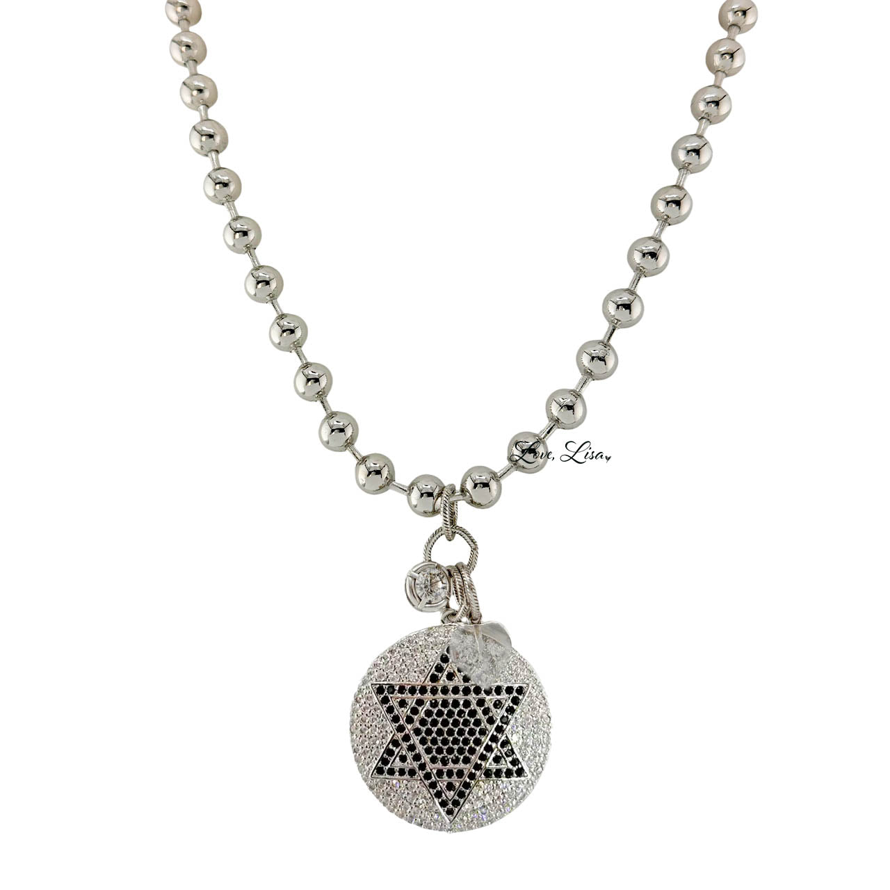 Talia Star of David statement necklace silver pavé medallion on 8mm beaded chain 17 inch necklace