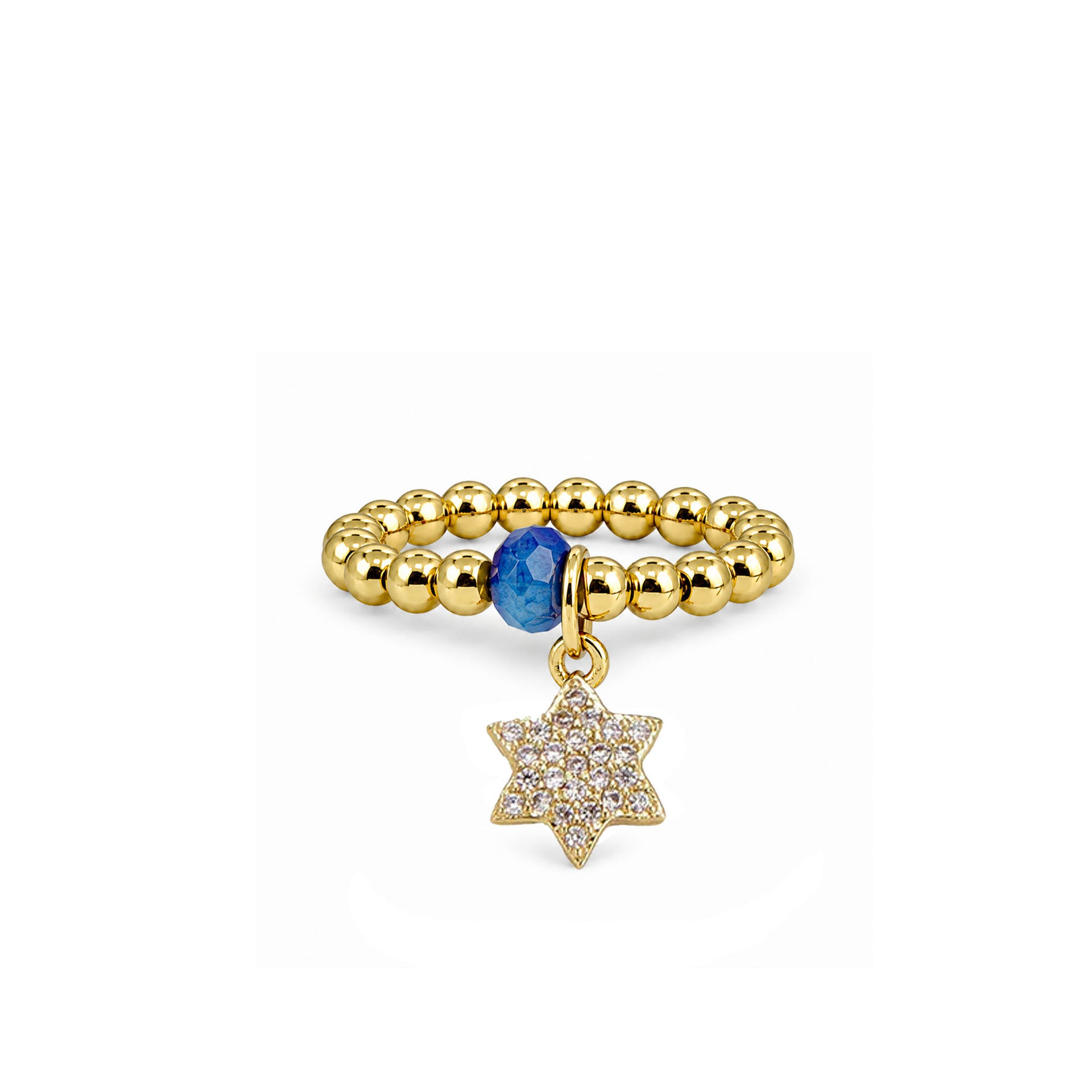Love Lisa Talia Star of David Stretch Ring in gold with 3mm beads blue crystal accent and pavé Star of David charm