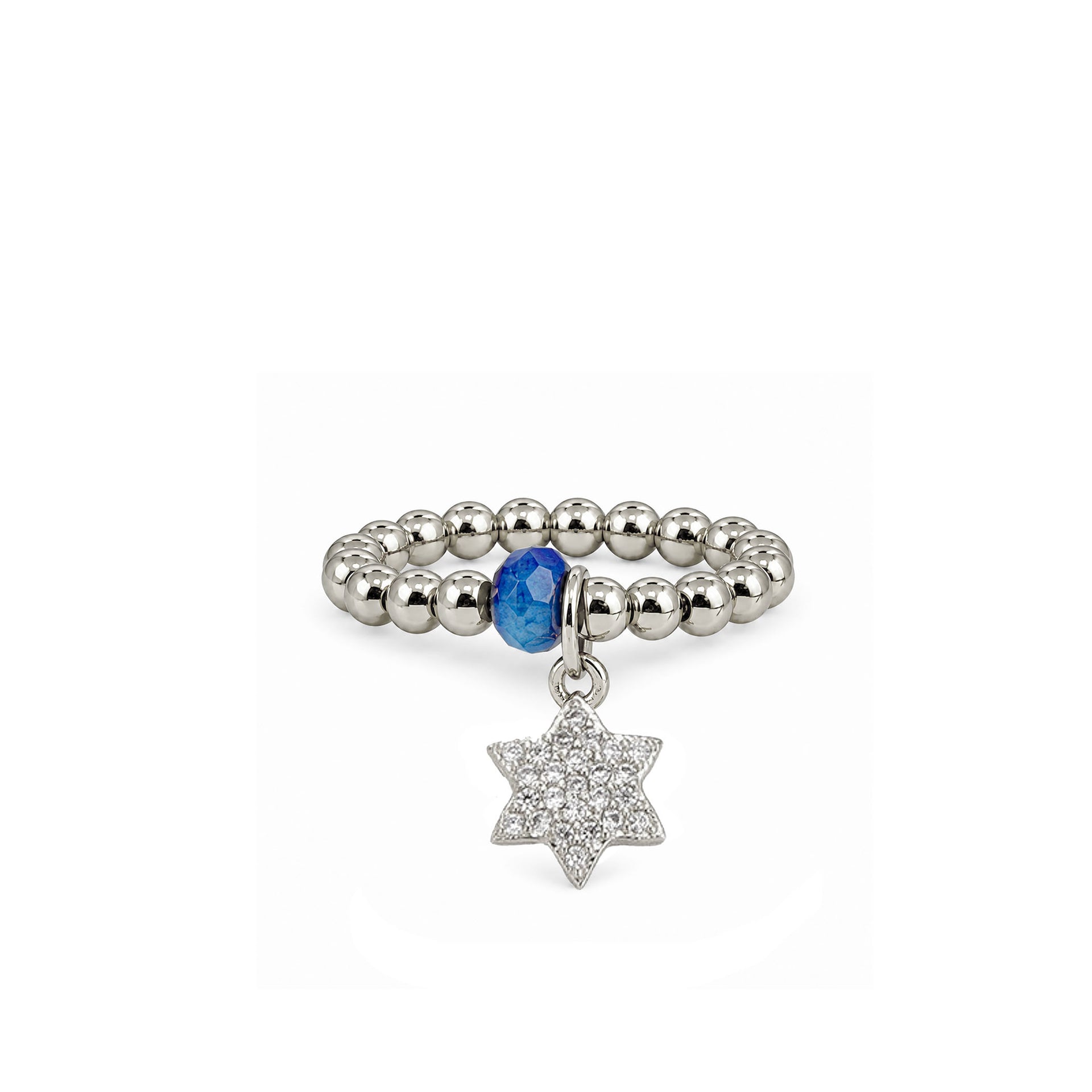 Talia Star of David Stretch Ring in silver with 3mm beads blue crystal accent and pavé Star of David charm