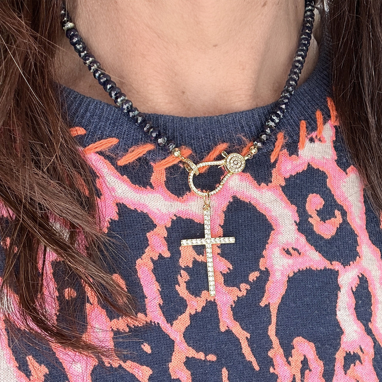 Model wearing Love Lisa Tamara Luxe Pavé Cross Pendant