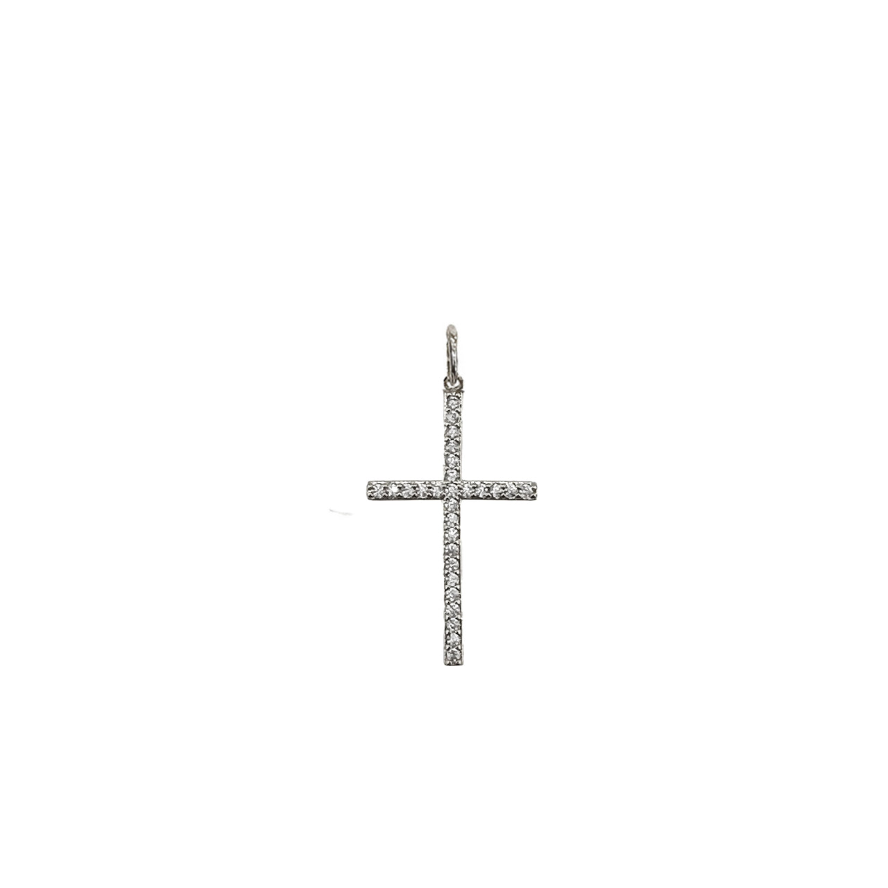 A crystal-encrusted cross pendant with a sleek design, suitable for attachment to a necklace or chain.