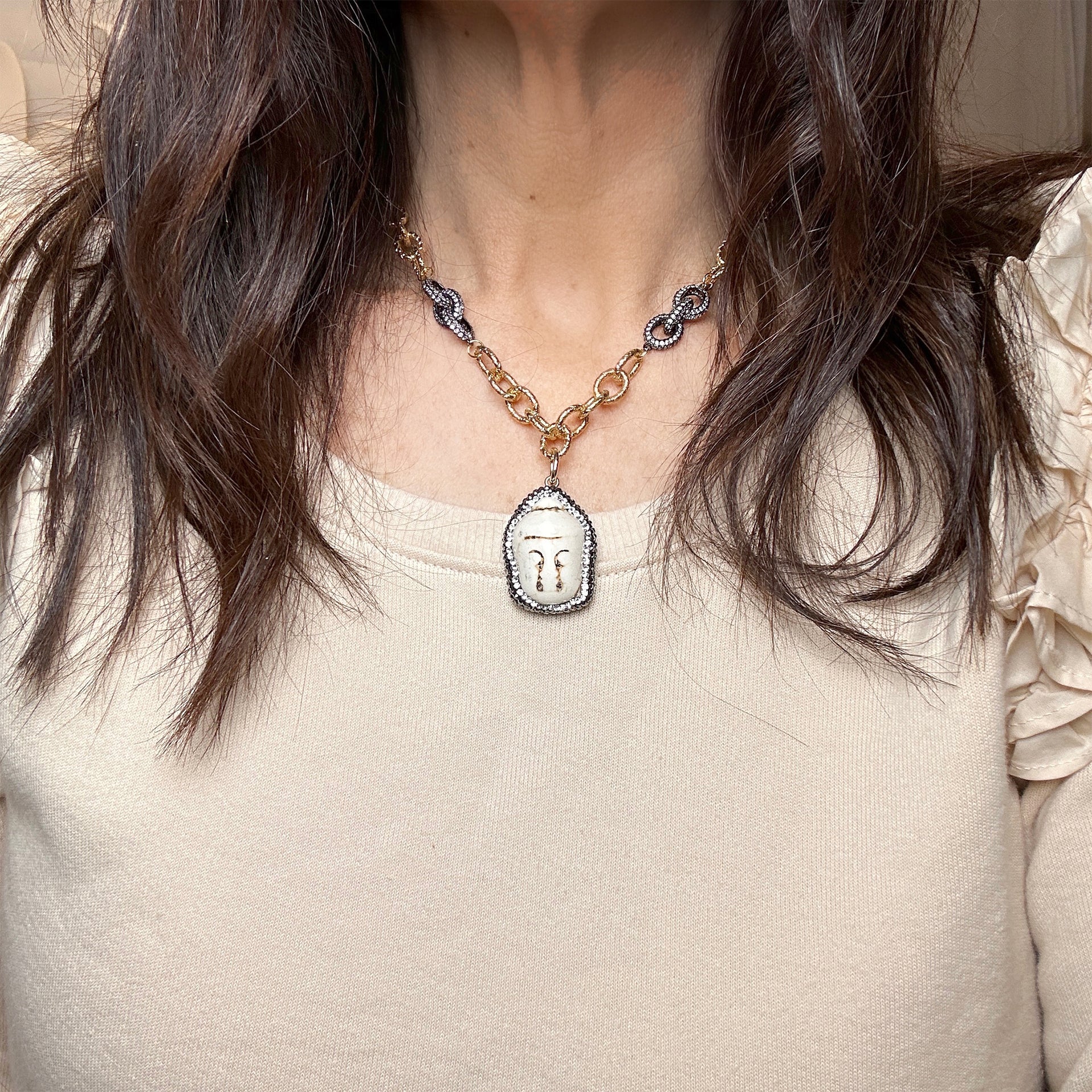 Love Lisa Tania Happy Buddha Necklace worn layered on model gold spiritual necklace