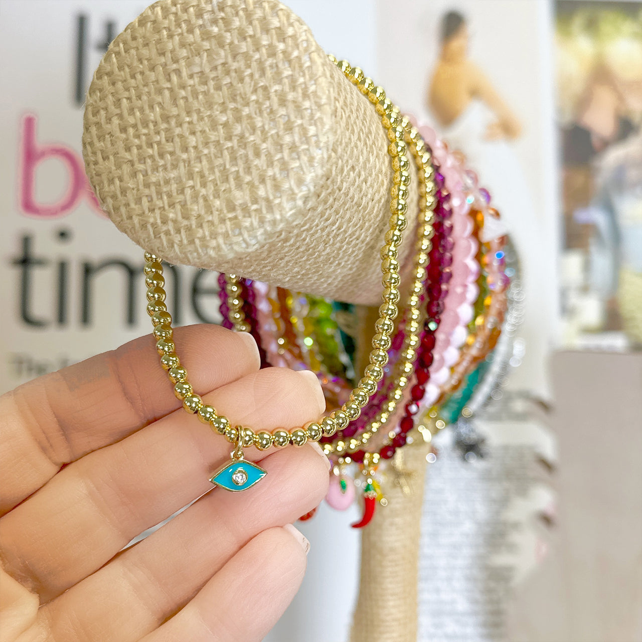 gold beaded evil eye anklet with turquoise enamel charm balance protection jewelry