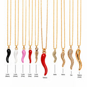 Tatiana Italian horn necklace collection featuring red white black pink gold and crystal horn necklaces
