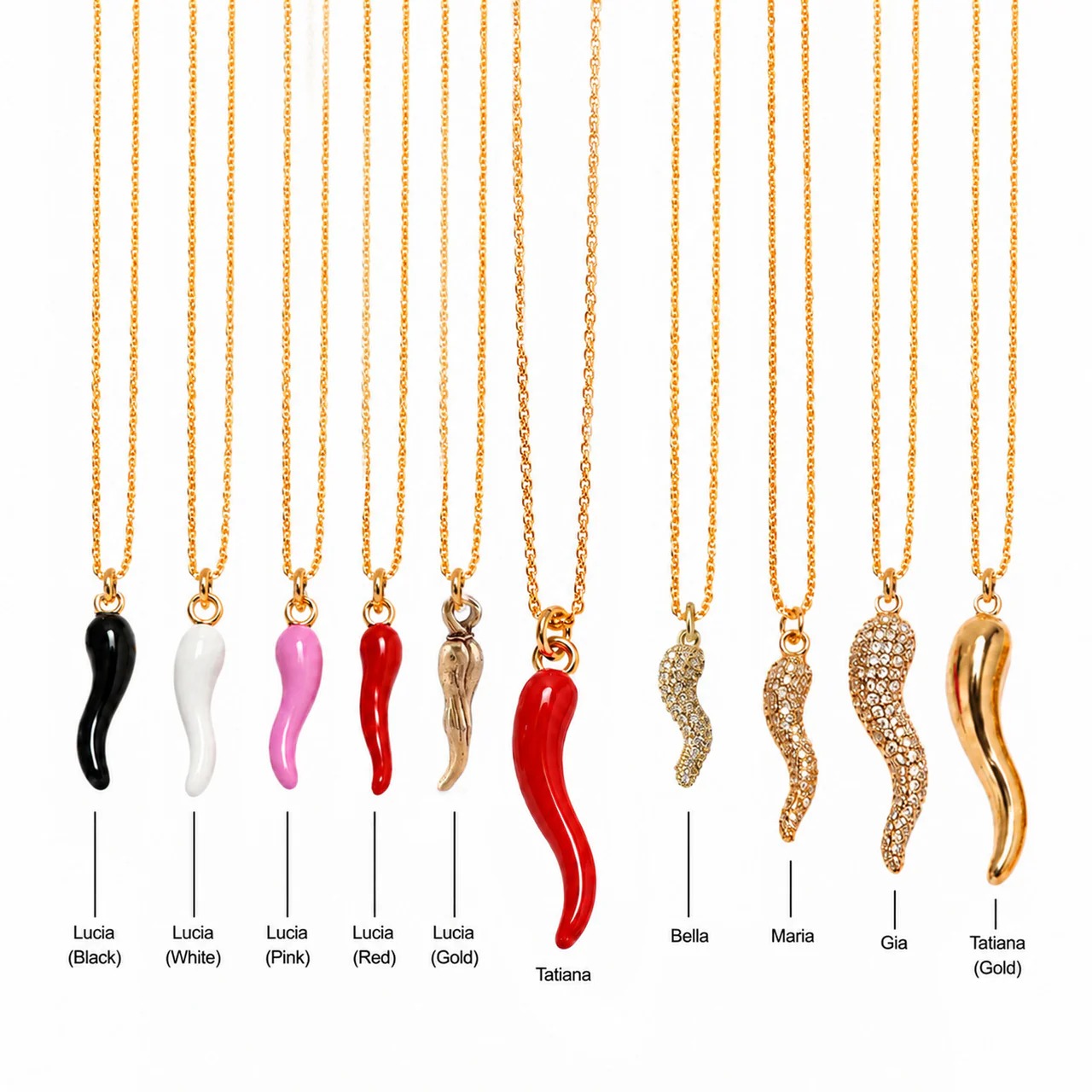 Tatiana Italian horn necklace collection featuring red white black pink gold and crystal horn necklaces