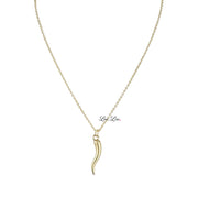 Gold italian horn necklace on display