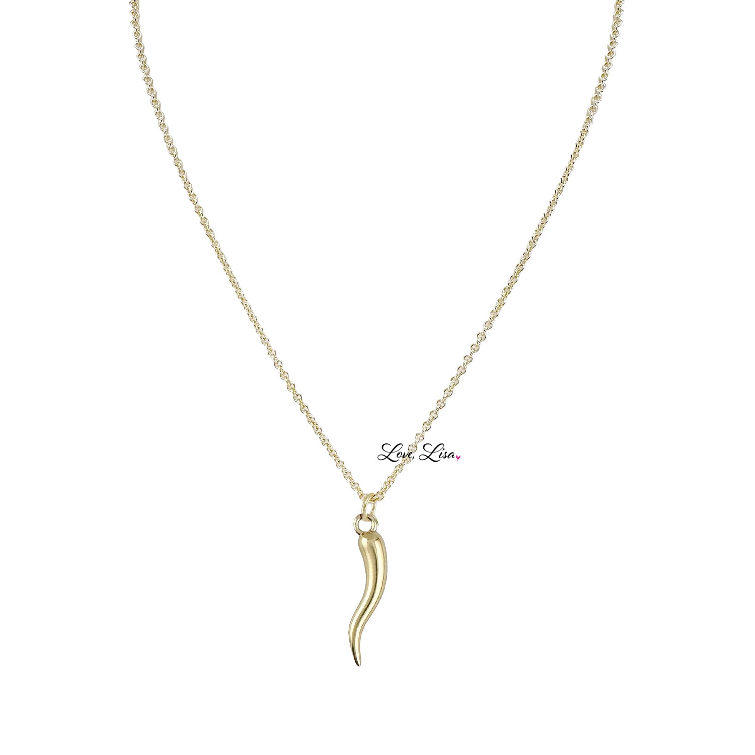 Gold italian horn necklace on display