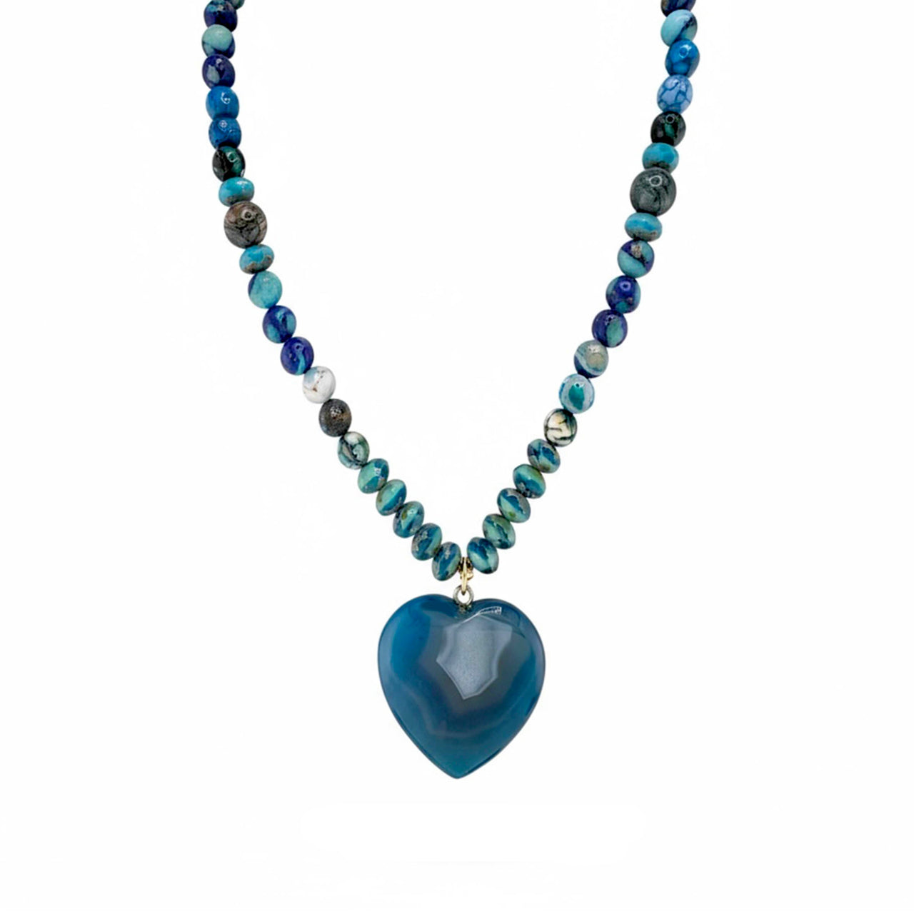 Teal agate heart worry stone necklace with soothing blue green beads