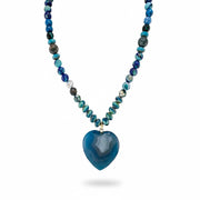 Teal agate heart worry stone necklace with soothing blue green beads
