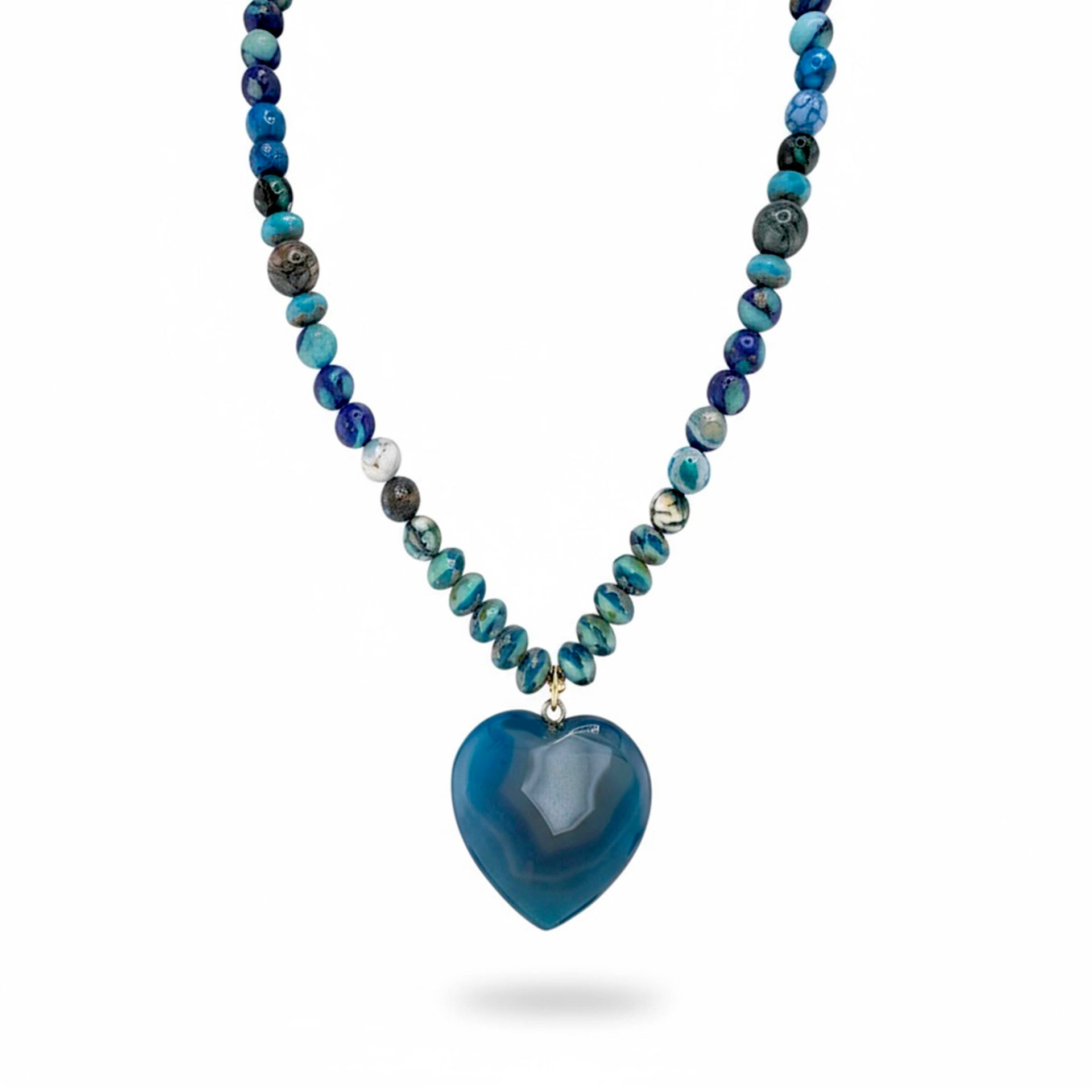 Teal agate heart worry stone necklace with soothing blue green beads