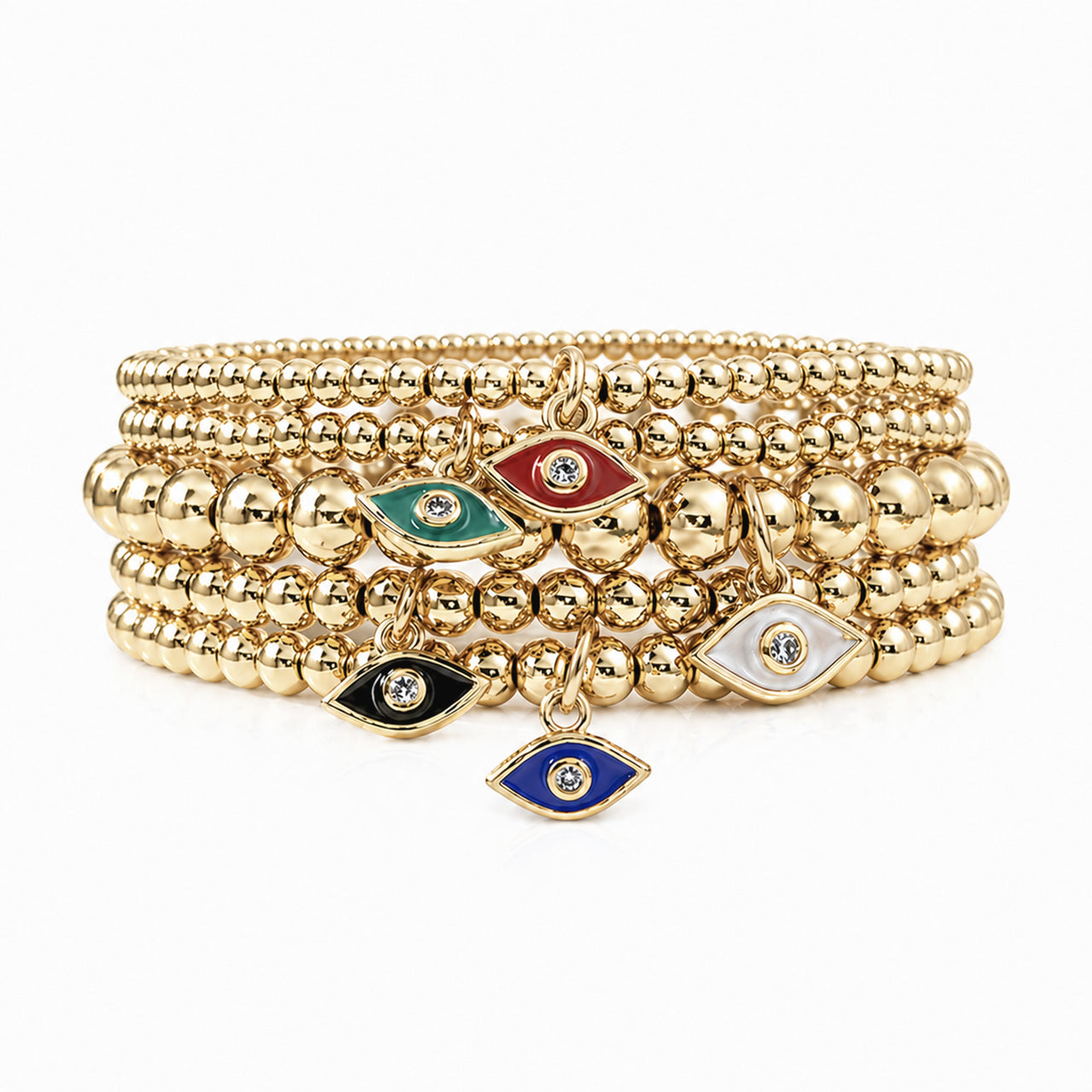 stack of gold beaded love lisa bracelets with enamel evil eye charms 