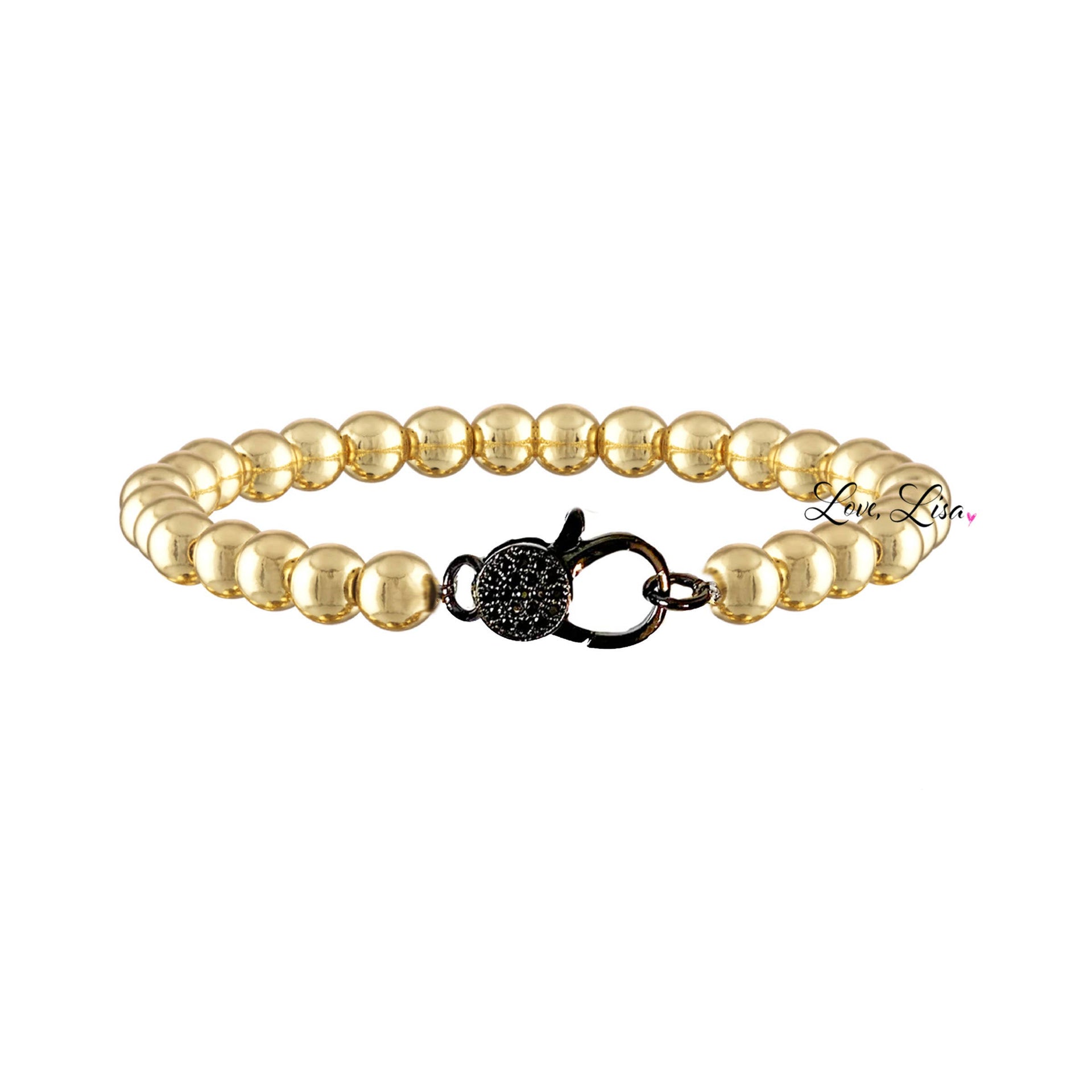 Love Lisa gold beaded clasp bracelet with black pavé crystal charm clasp