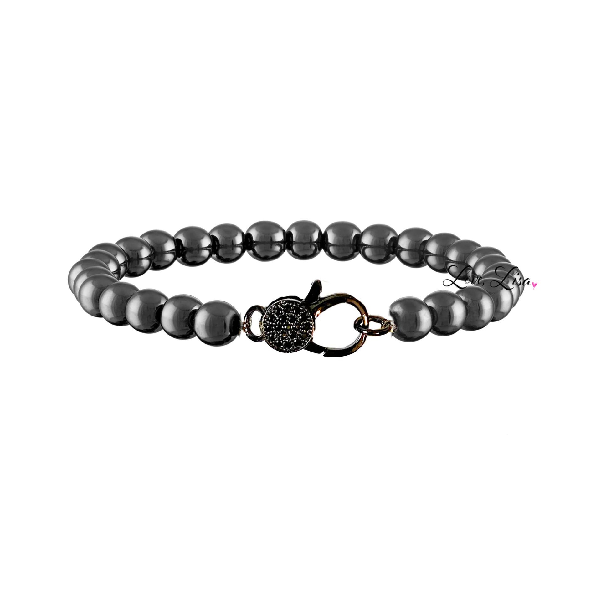 Love Lisa gunmetal beaded clasp bracelet with black pavé crystal charm clasp