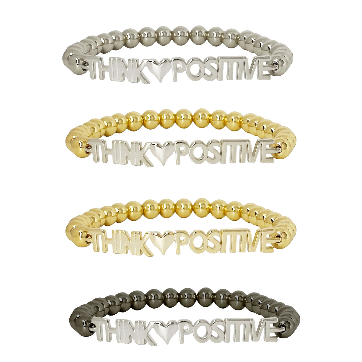Love Lisa THINK POSITIVE Breast Cancer Awareness Word Bracelet in multiple finishes with polished metal beads and THINK POSITIVE centerpiece