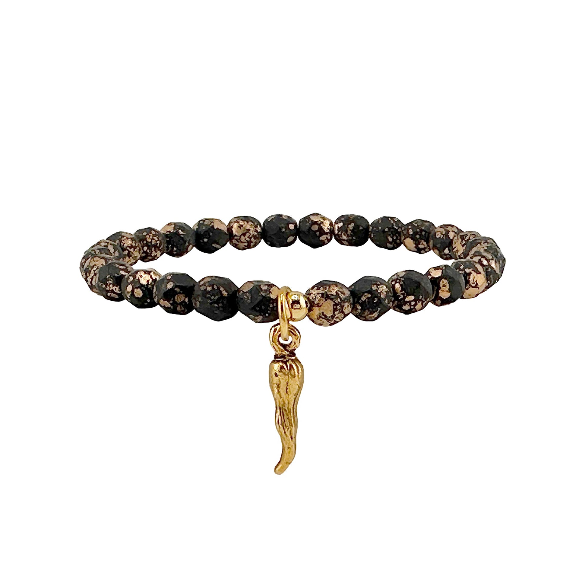 Love Lisa Tom Italian horn beaded bracelet featuring black crystal beads and gold cornicello charm for men