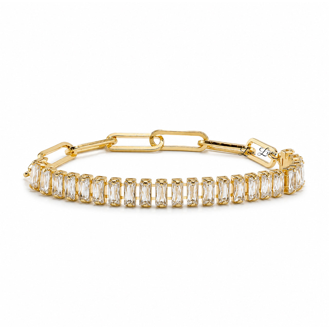 Love Lisa Trae Baguette Crystal Link Bracelet in Diamond with clear baguette crystals on a gold paperclip chain