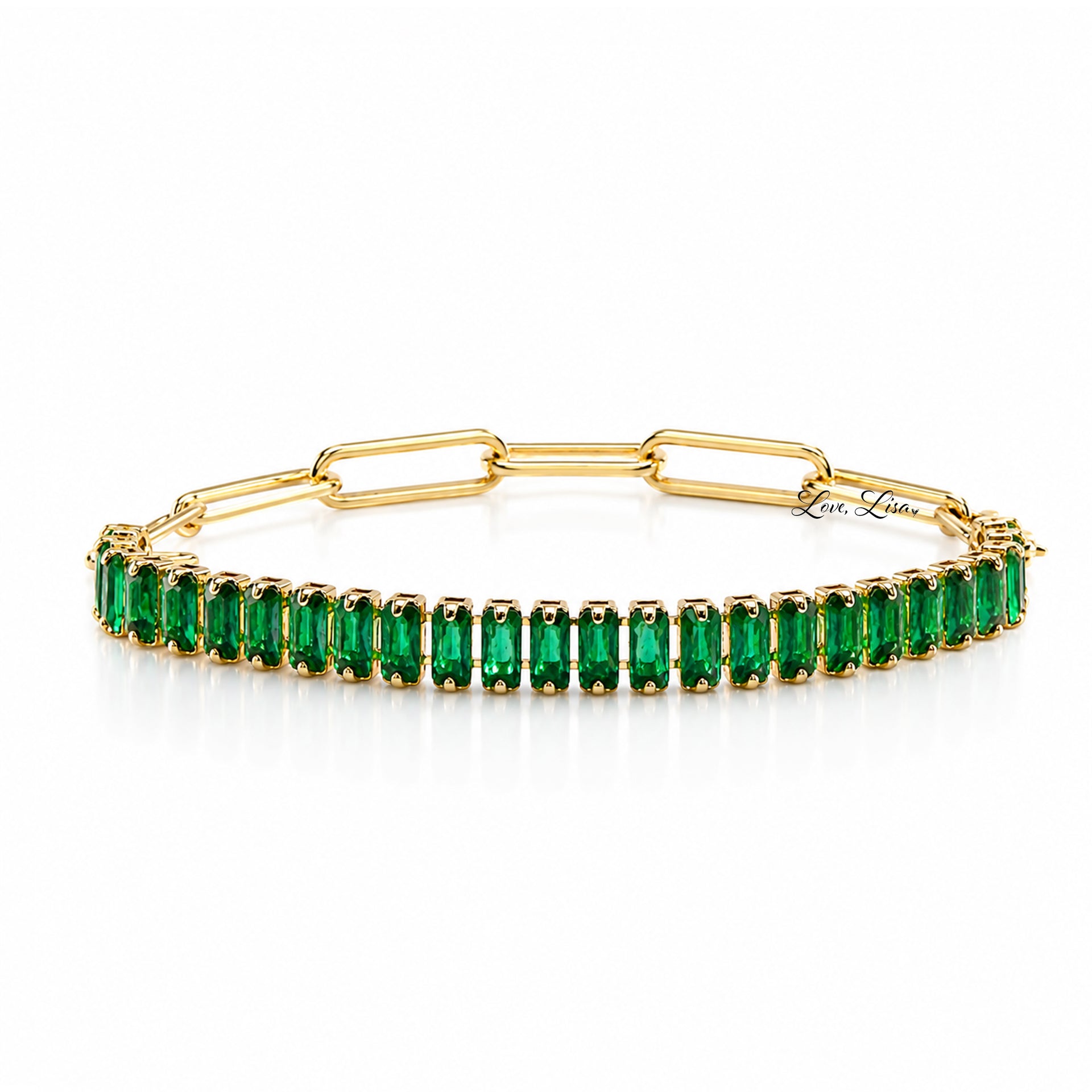 Trae Baguette Crystal Link Bracelet in Emerald Green with green baguette crystals and a polished gold link chain