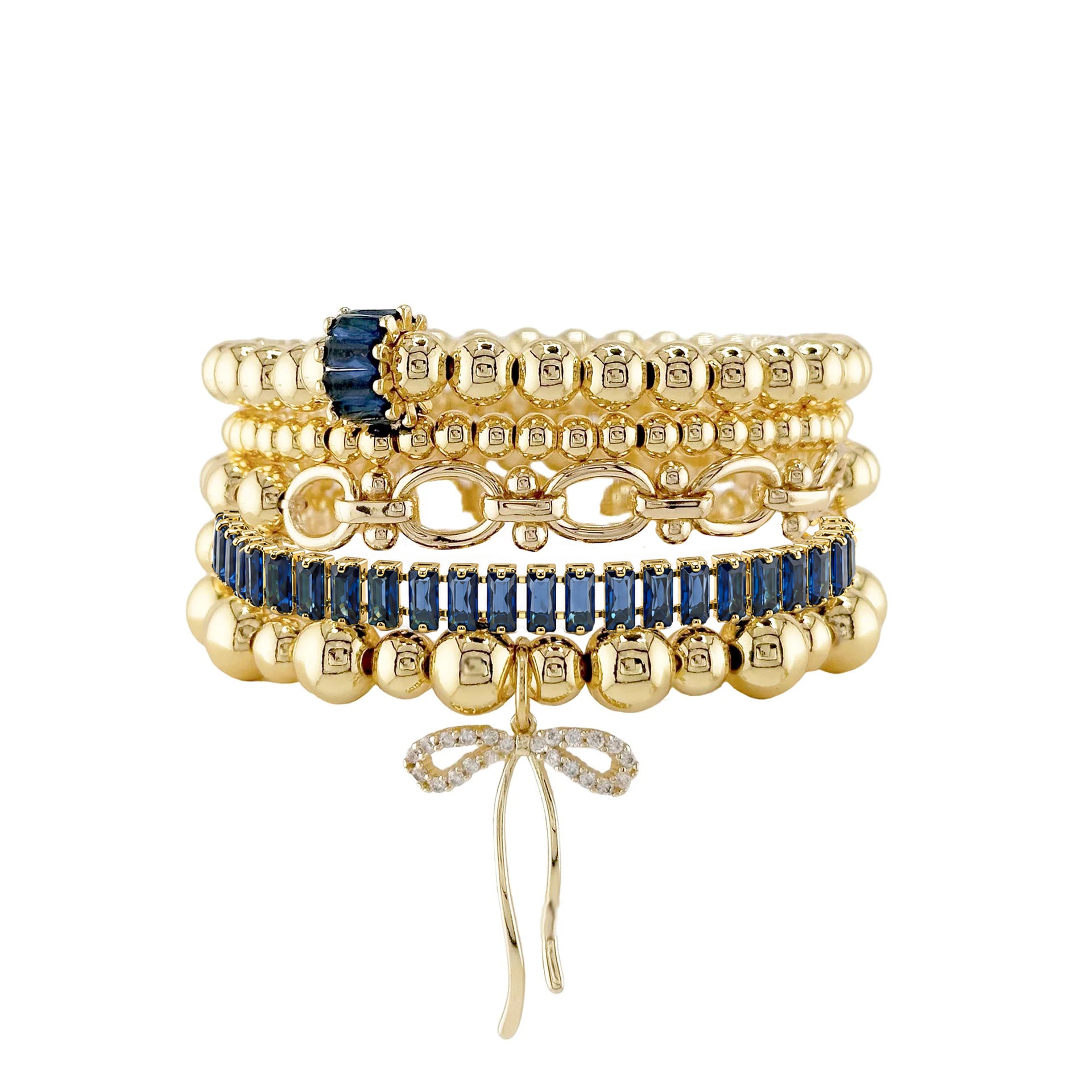 Love Lisa Trae Baguette Crystal Link Bracelets layered together with colorful baguette crystal bars and gold chain details