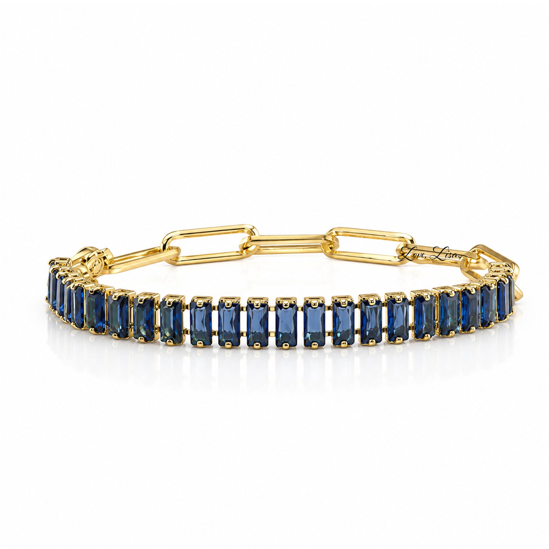 Trae Baguette Crystal Link Bracelet in Navy Blue with deep blue baguette crystals and a gold paperclip chain