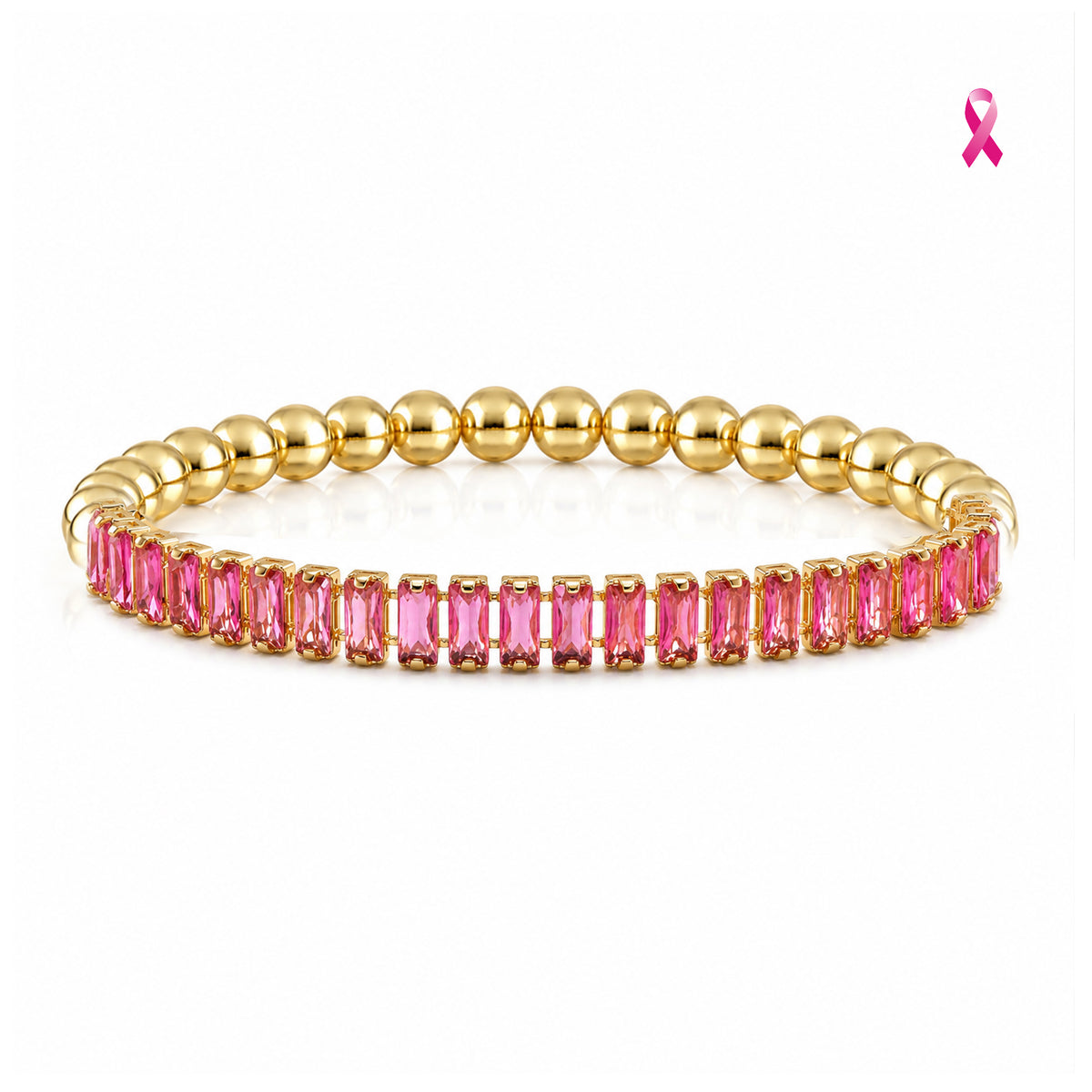 Love Lisa Trae Breast Cancer Awareness Pink Baguette Tennis Bracelet with vivid pink rectangular crystals and polished gold-tone round beads on white