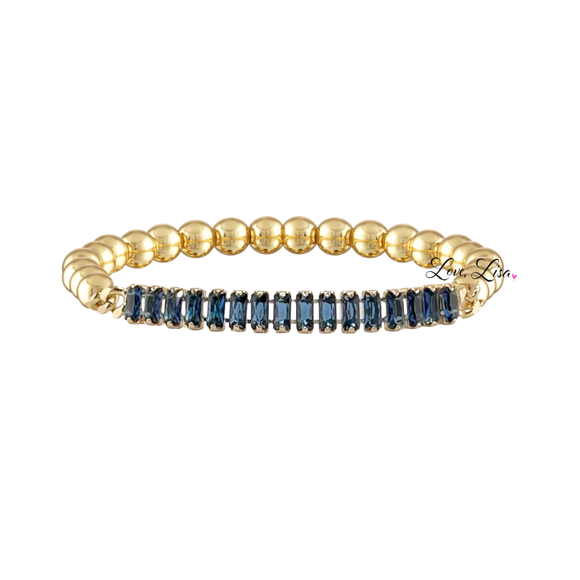 Trae tennis baguette bracelet with blue crystal baguette stones on gold tone elastic bracelet
