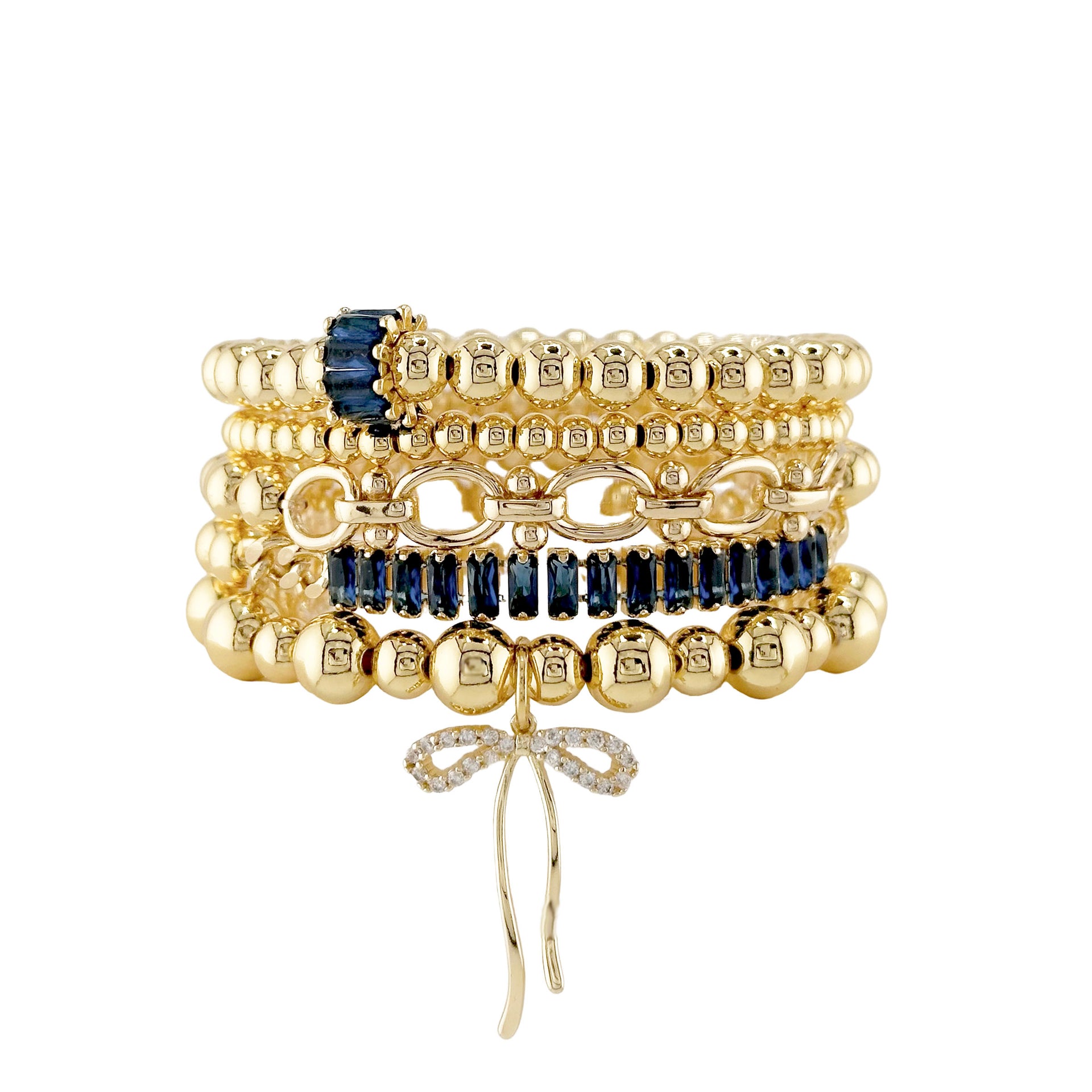 Love Lisa Hannah Blue Bonnet gold and blue bow bracelet stack