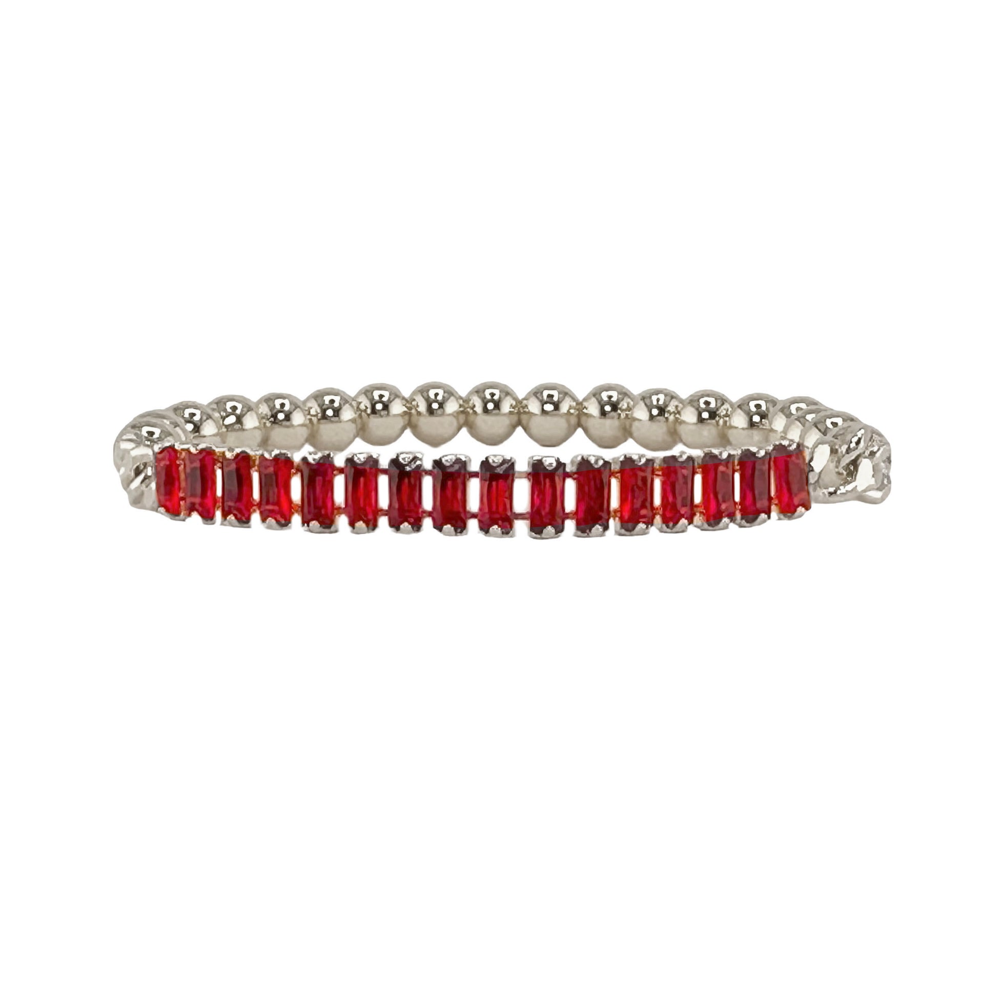 Trae tennis baguette bracelet featuring red baguette crystals set in silver tone stretch design