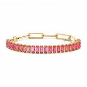 Trae Baguette Crystal Link Bracelet in Pink Sapphire with pink baguette crystals and a gold paperclip chain bracelet