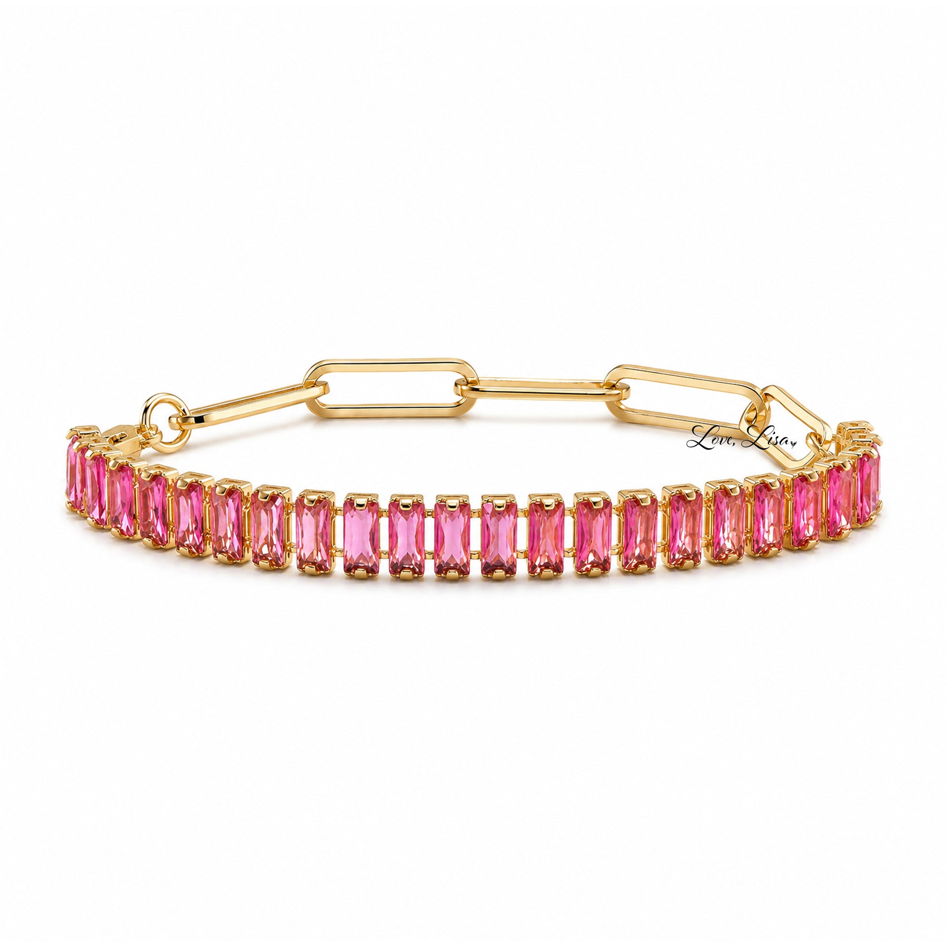 Trae Baguette Crystal Link Bracelet in Pink Sapphire with pink baguette crystals and a gold paperclip chain bracelet