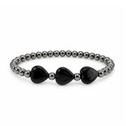 Triple Mini Heart Worry Stone Bracelet with three glossy black heart-shaped stones and polished gunmetal-tone round beads