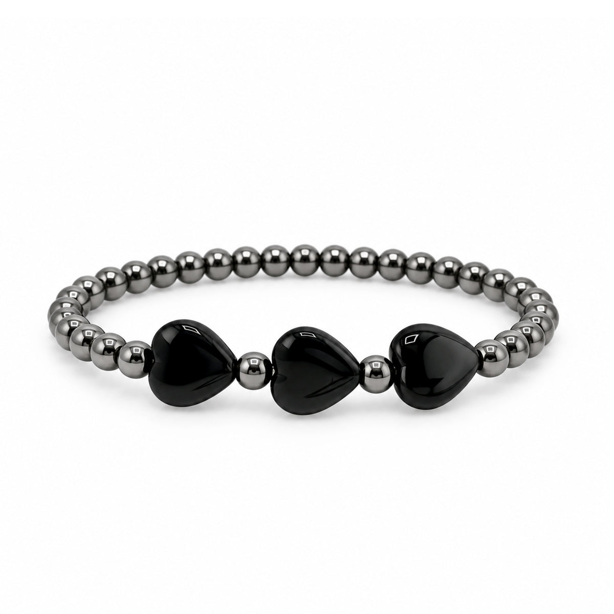 Triple Mini Heart Worry Stone Bracelet with three glossy black heart-shaped stones and polished gunmetal-tone round beads