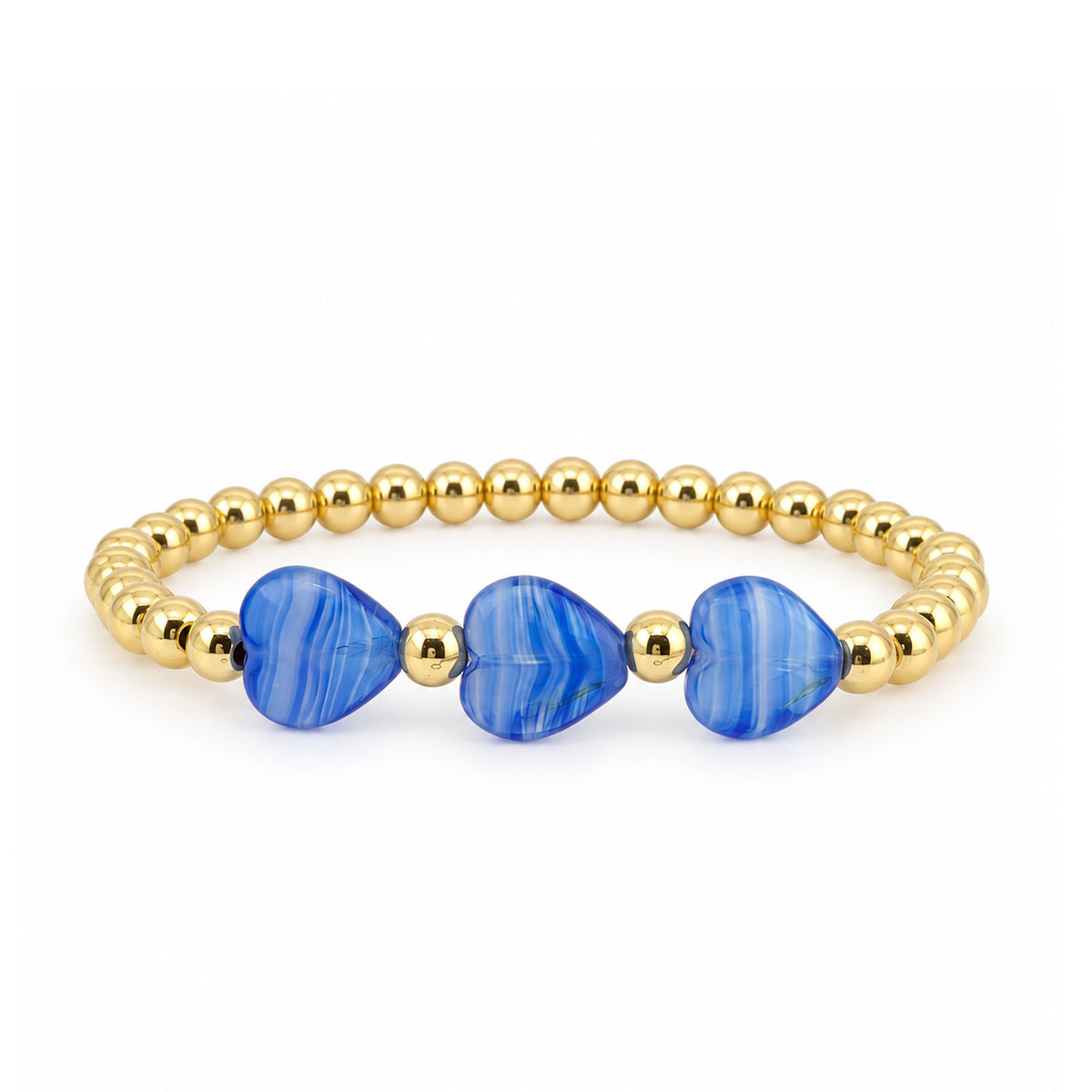 Triple Mini Heart Worry Stone Bracelet with three vivid blue heart-shaped stones centered between polished gold-tone beads