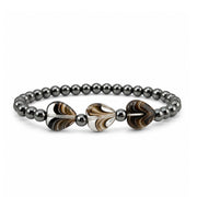 Triple Mini Heart Worry Stone Bracelet with three brown marbled heart-shaped stones centered between polished gunmetal-tone beads