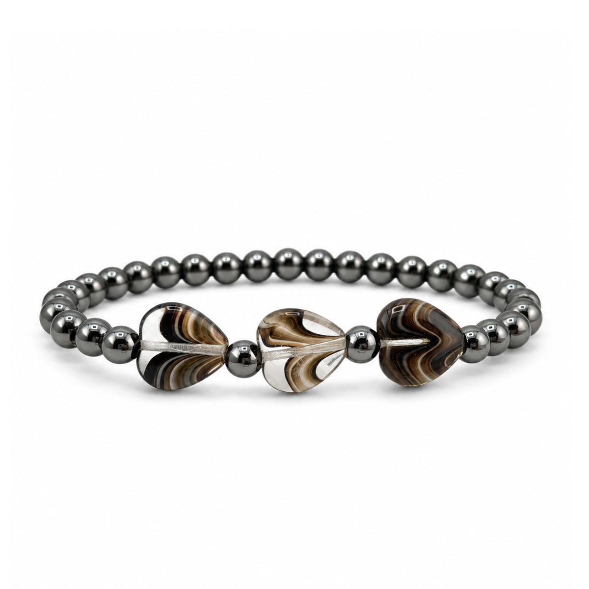 Triple Mini Heart Worry Stone Bracelet with three brown marbled heart-shaped stones centered between polished gunmetal-tone beads