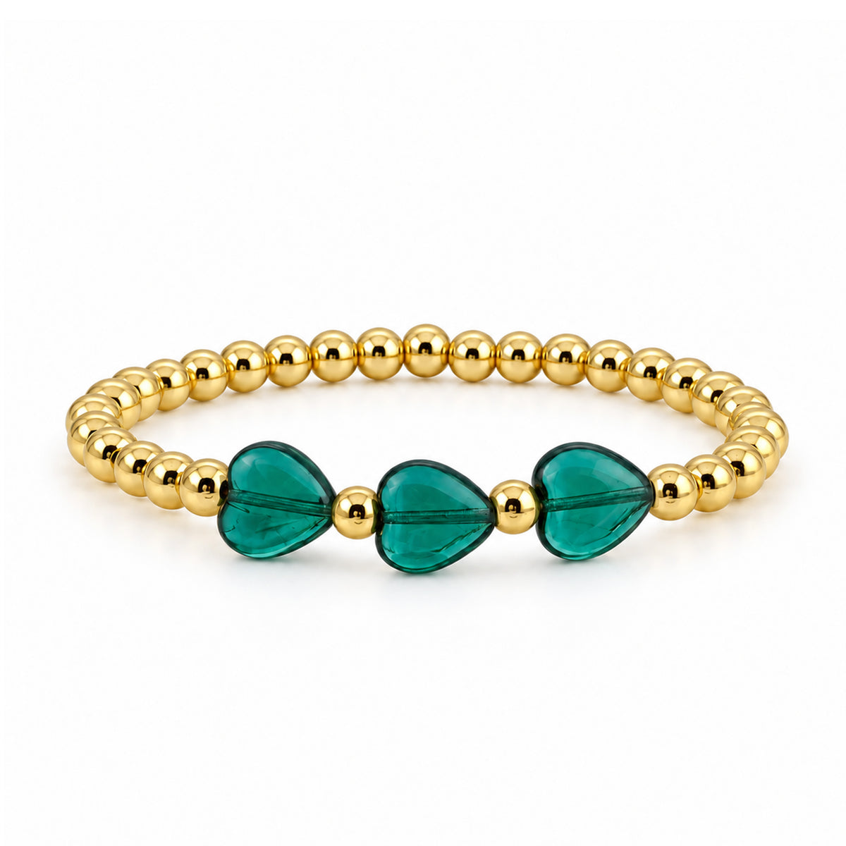 Triple Mini Heart Worry Stone Bracelet with three deep green heart-shaped stones and polished gold-tone round beads