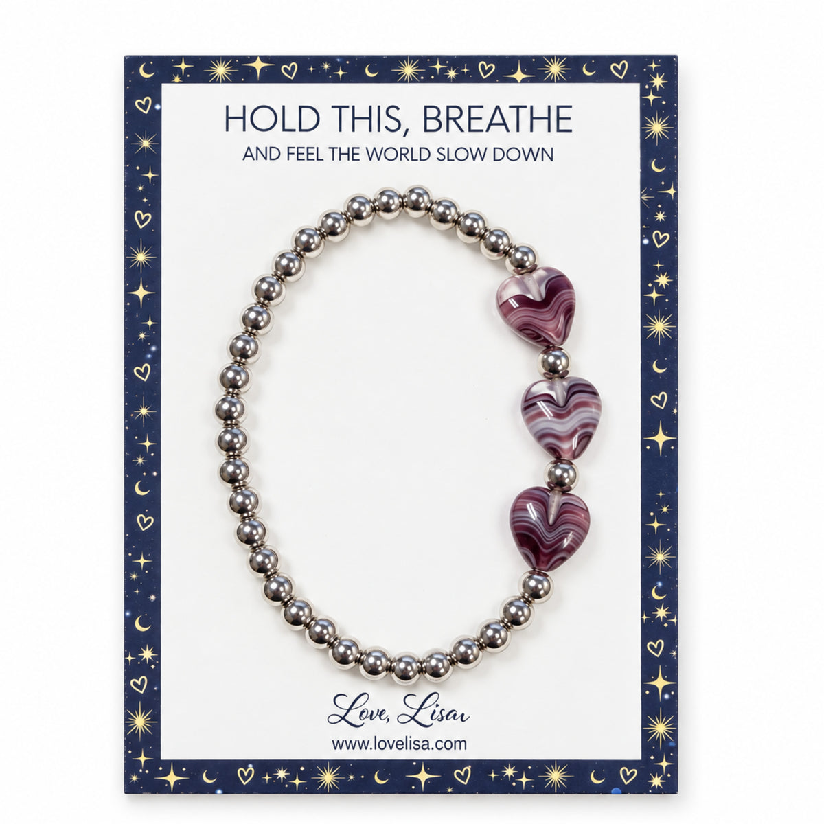 Love Lisa Triple Mini Heart Worry Stone Bracelet displayed on a Hold This Breathe message card with three marbled heart-shaped worry stones and silver-tone beads