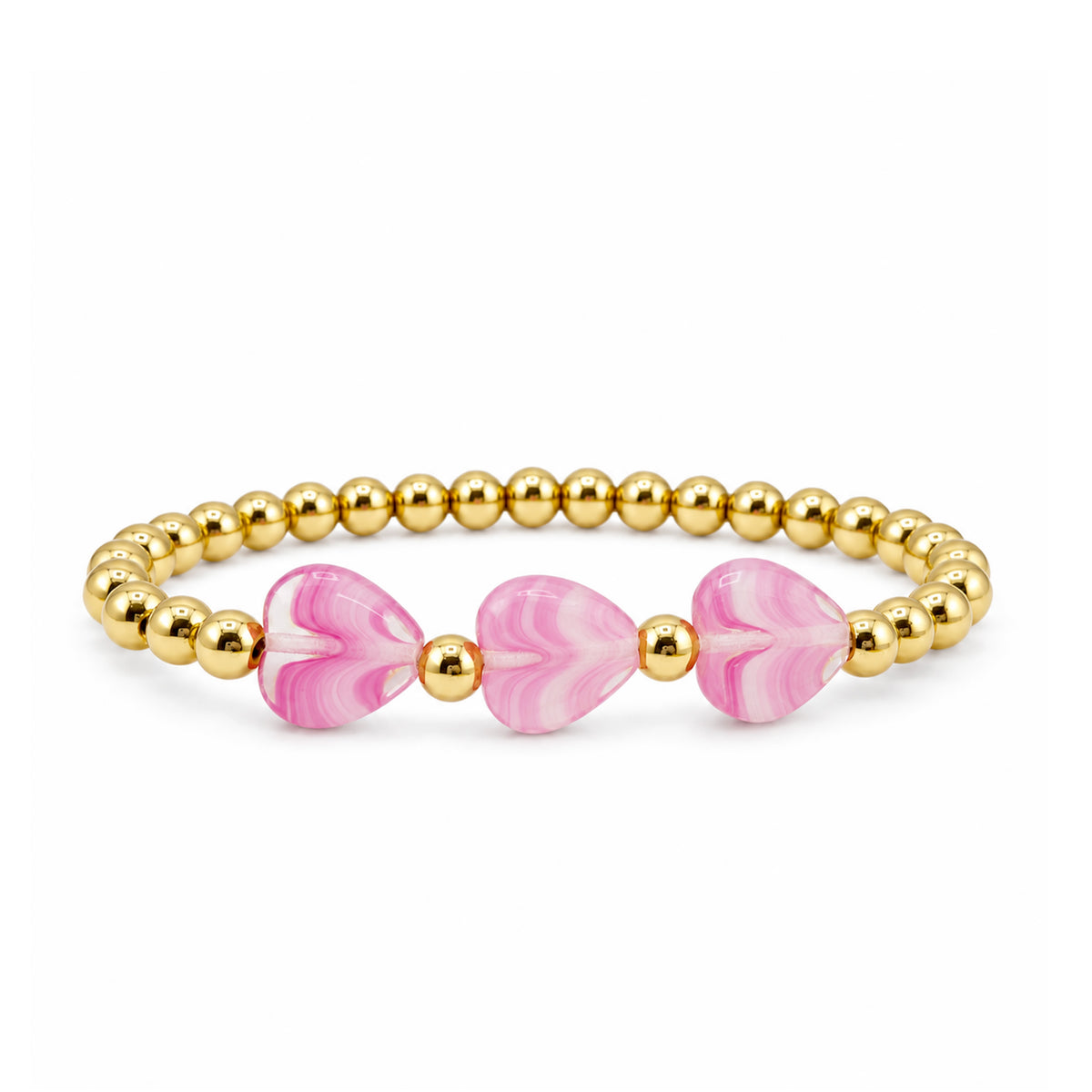 Triple Mini Heart Worry Stone Bracelet with three soft pink heart-shaped stones centered between polished gold-tone beads