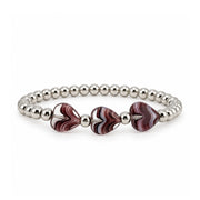 Love Lisa Triple Mini Heart Worry Stone Bracelet with three marbled purple  burgundy and white heart-shaped stones centered between polished silver-tone beads