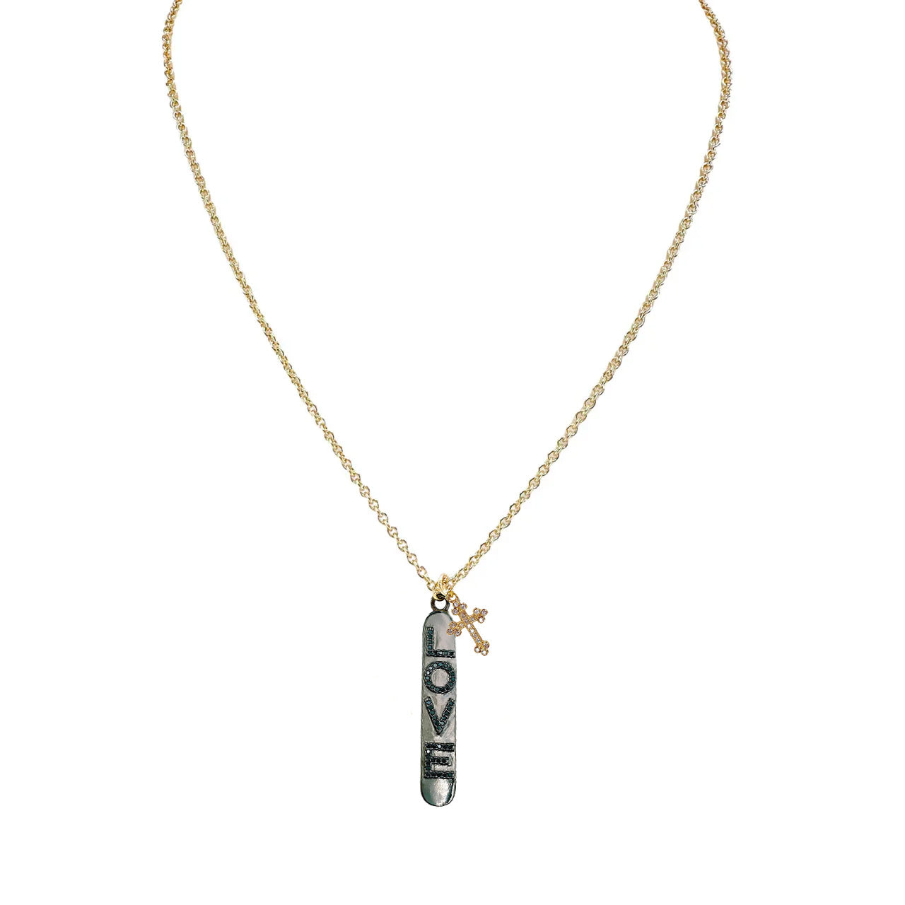 Trisha cross love tag necklace in gold with black vertical LOVE pendant and pavé cross charm
