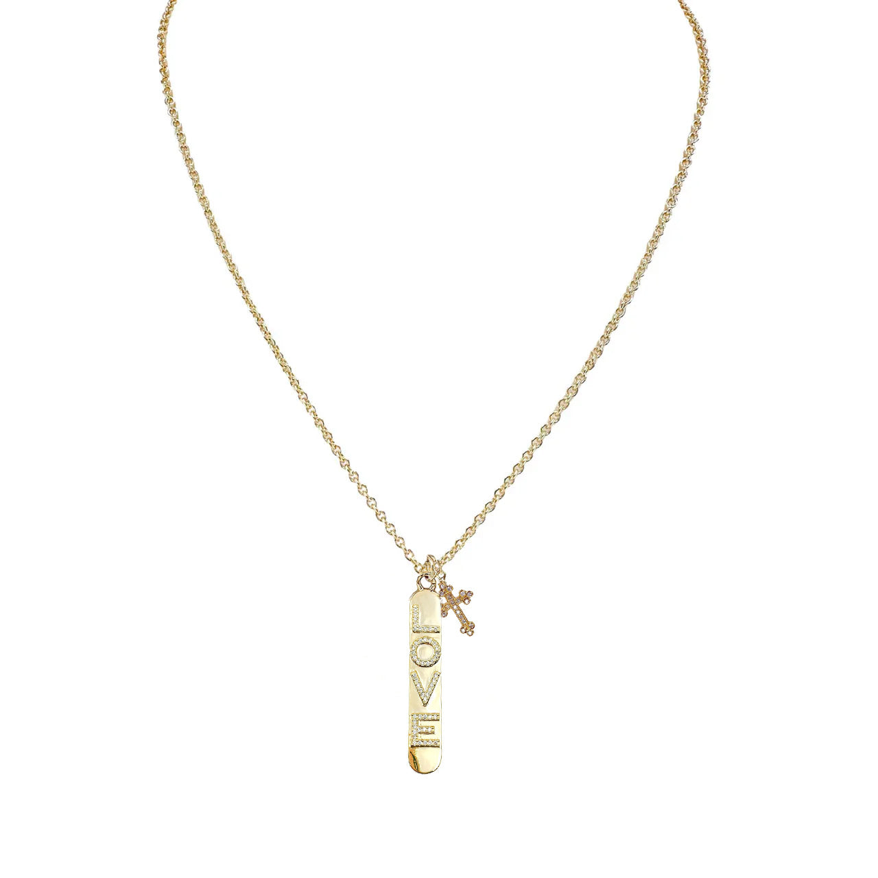 Love Lisa Trisha cross love tag necklace gold crystal LOVE pendant with pavé cross charm