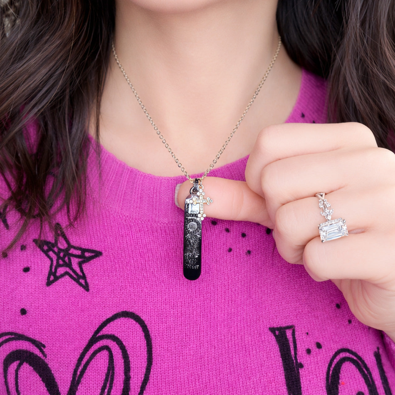 Love Lisa Trisha cross love tag necklace worn layered showing crystal LOVE tag and cross charm