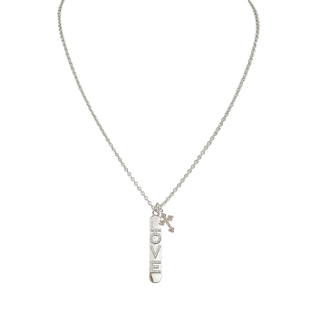 Silver Trisha cross love tag necklace featuring crystal LOVE tag and pavé cross charm