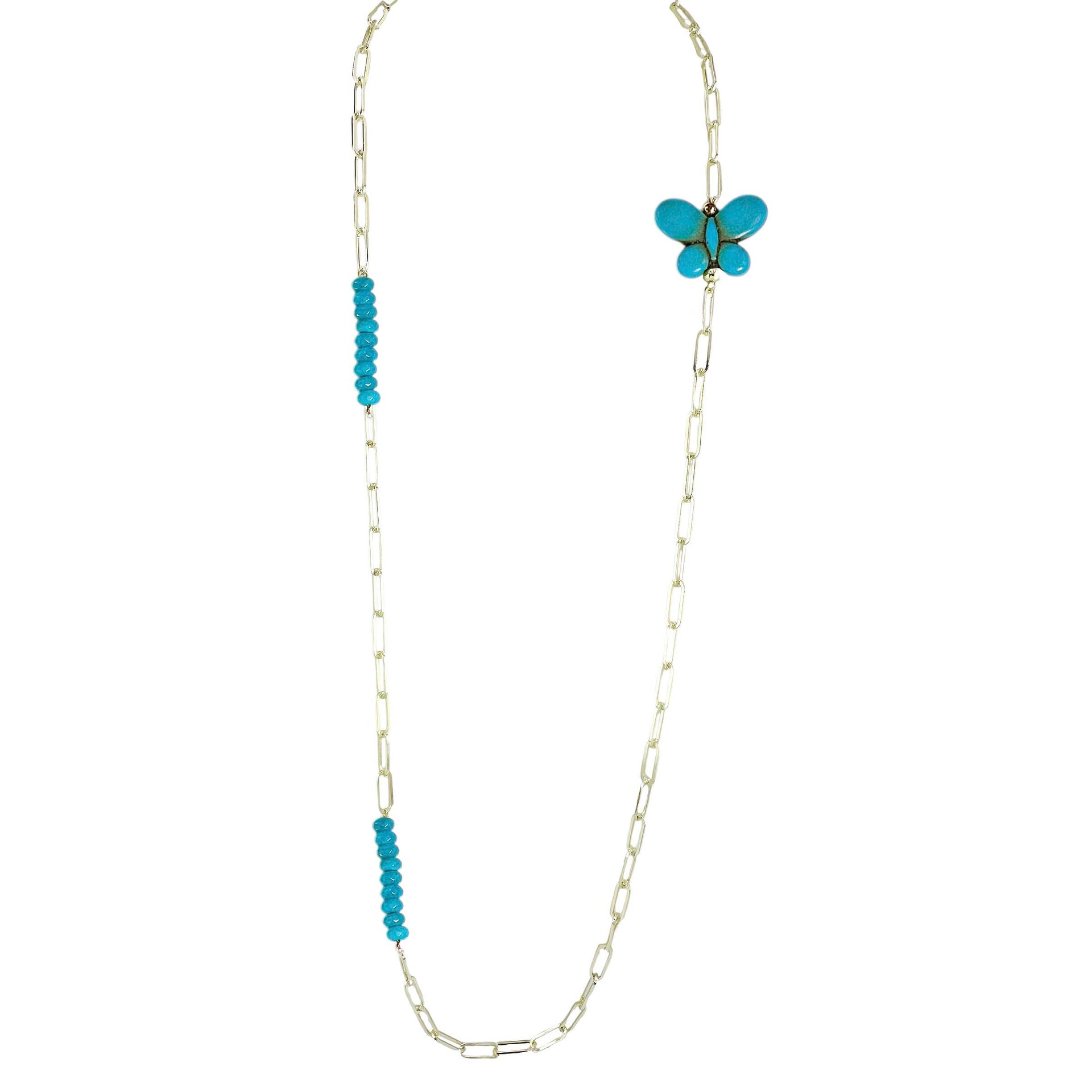 
Turquoise monarch butterfly charm necklace with turquoise crystal beads on gold chain