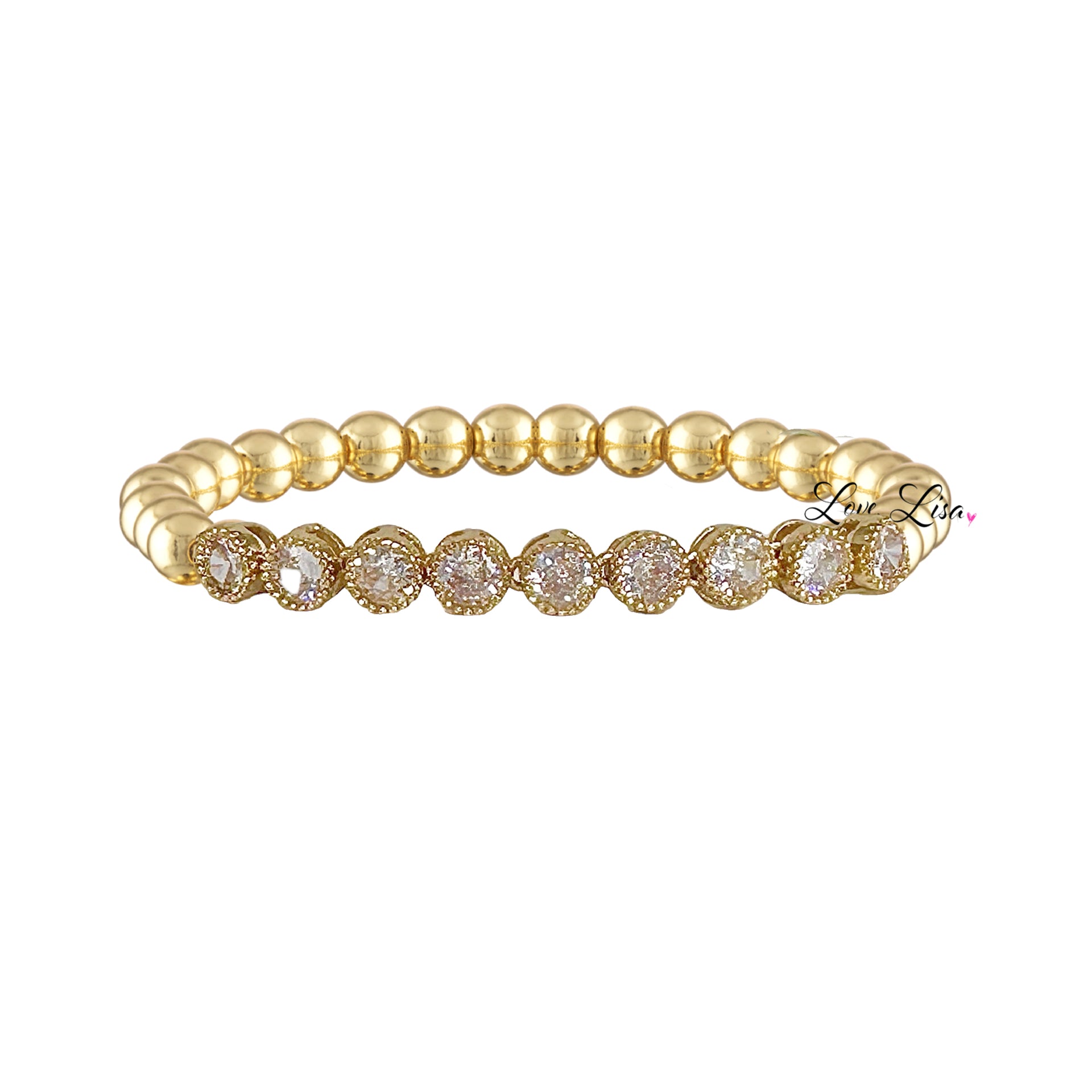 Love Lisa Val Tennis Beaded Bracelet featuring gold tone beads with sparkling tennis stone detail