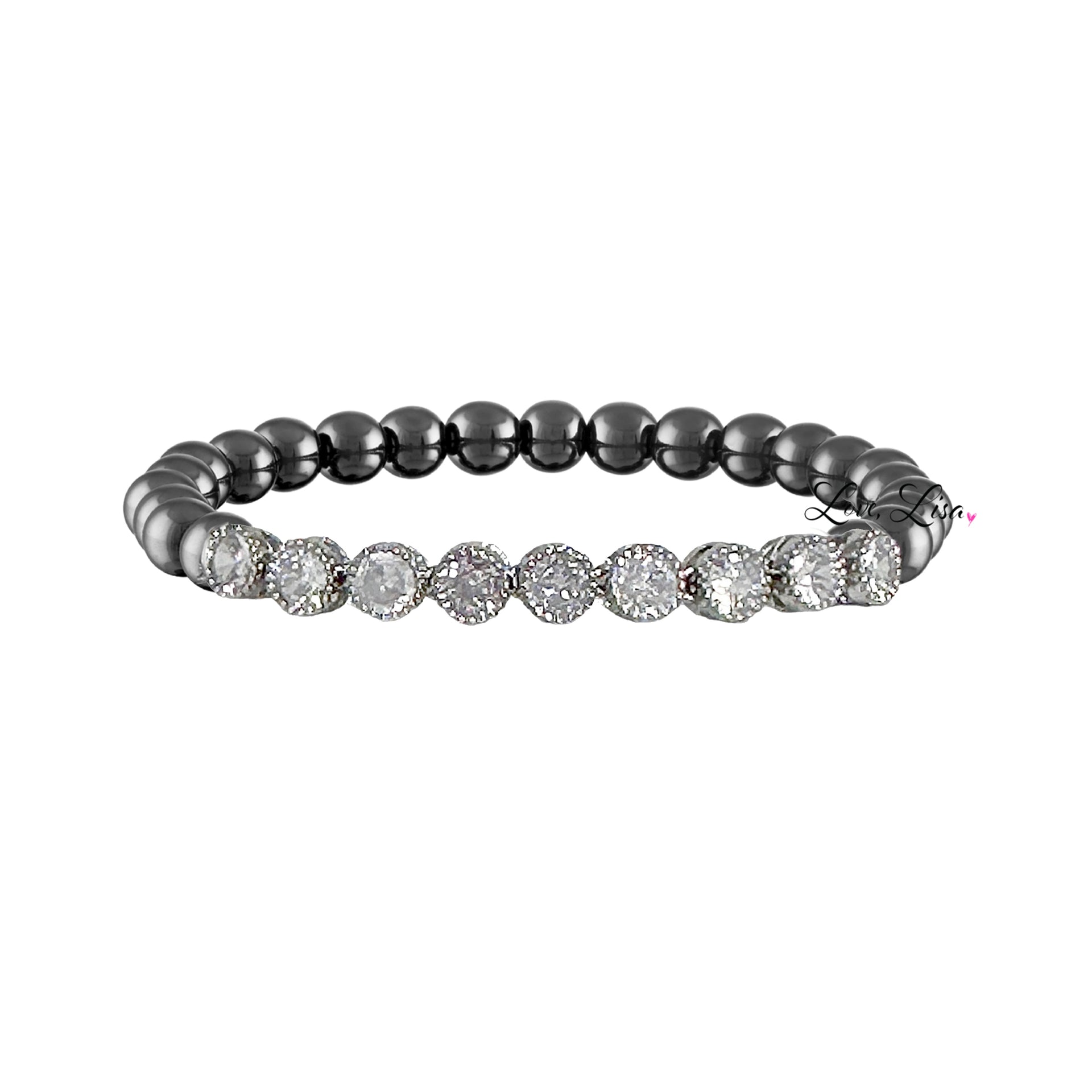 Love Lisa Val Tennis Beaded Bracelet featuring gunmetal tone beads with sparkling silver and clear stone detail