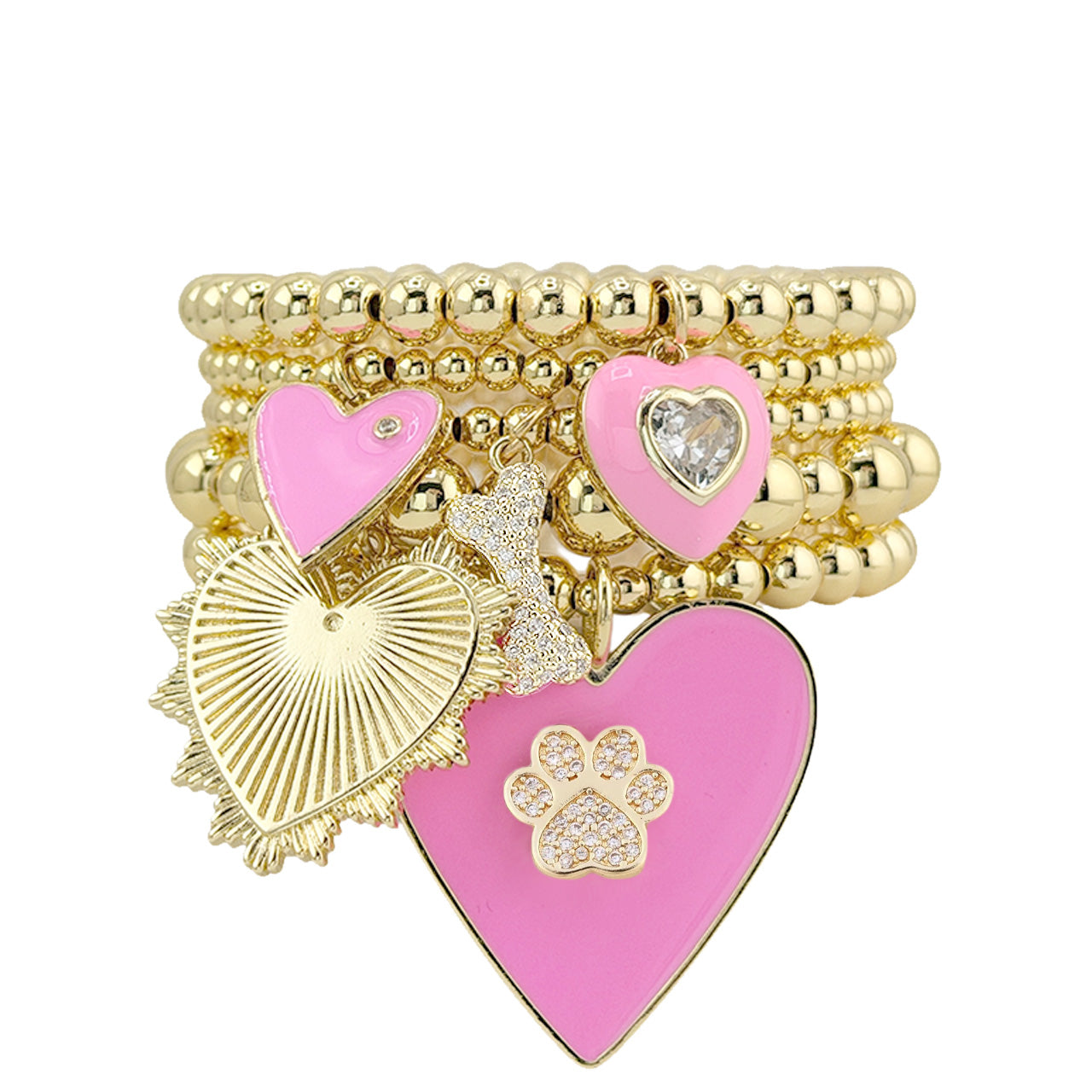 Valentina forever loved paw bracelet stack with pink enamel hearts gold beads and crystal paw charm Love Lisa